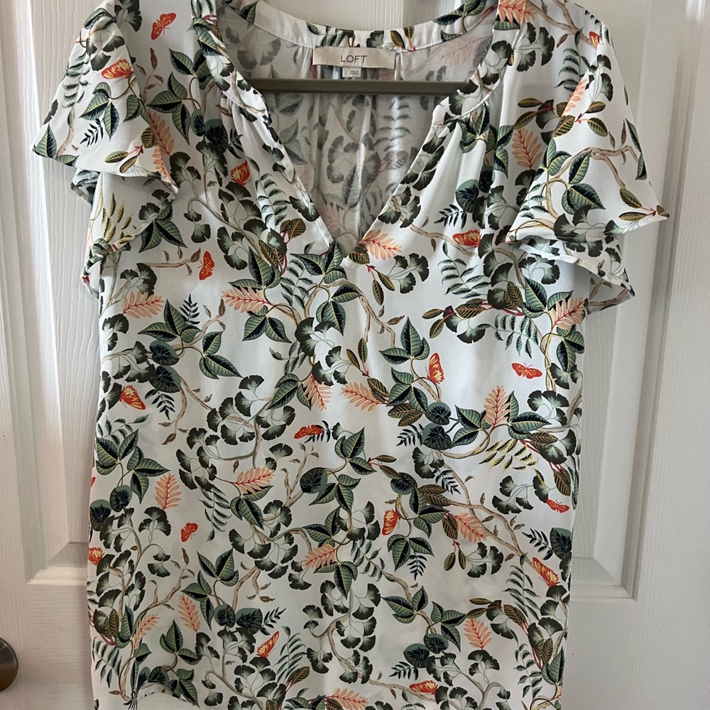 LOFT Women's V-Neck Blouse - White with Green and Orange Floral